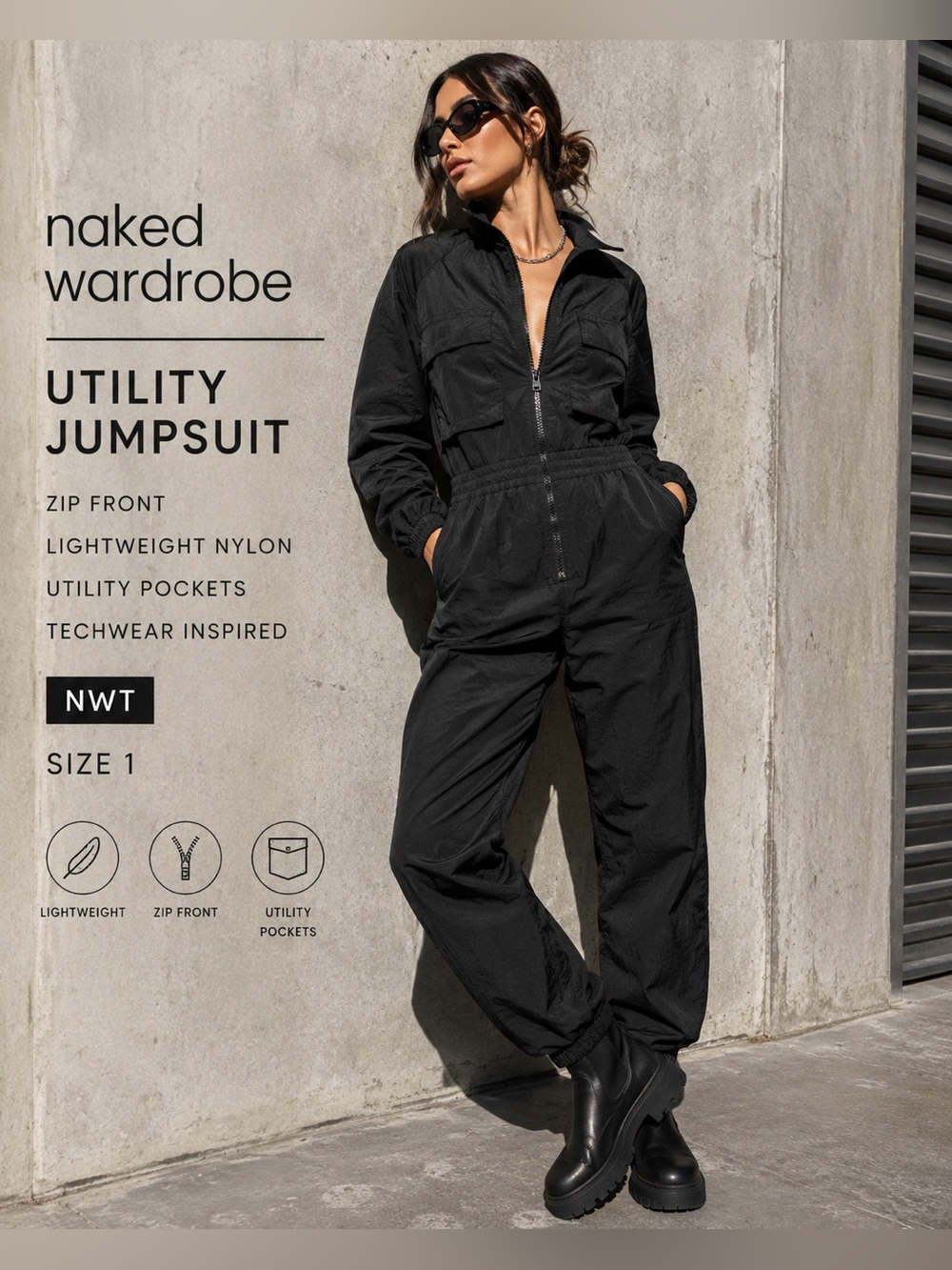 NWT Naked Wardrobe Black Utility Nylon Jumpsuit Zip Front Techwear Size 1